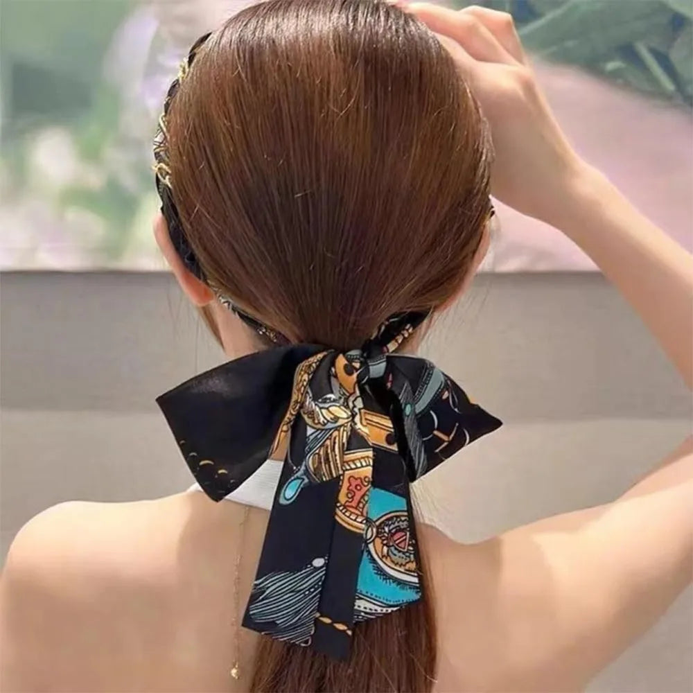 Retro Silk Scarf Headband Floral Print Pearl Braided Hairband Adjustable Bow Non Slip Ribbon Hairband for Women Girls Kid