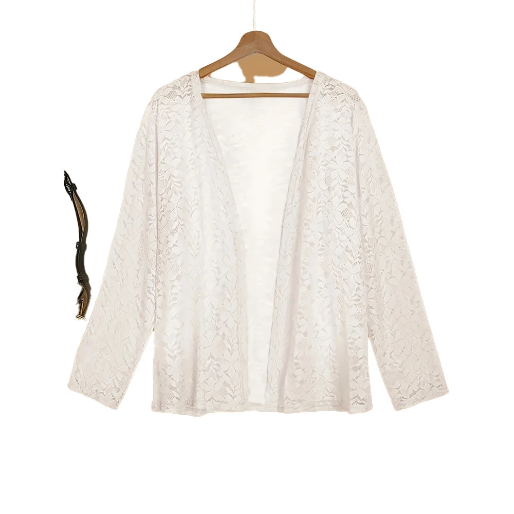 Plus Size 2025 Spring New Women's Elegant Camellia Long Sleeve Lace Cardigan Thin Transparent Jacket