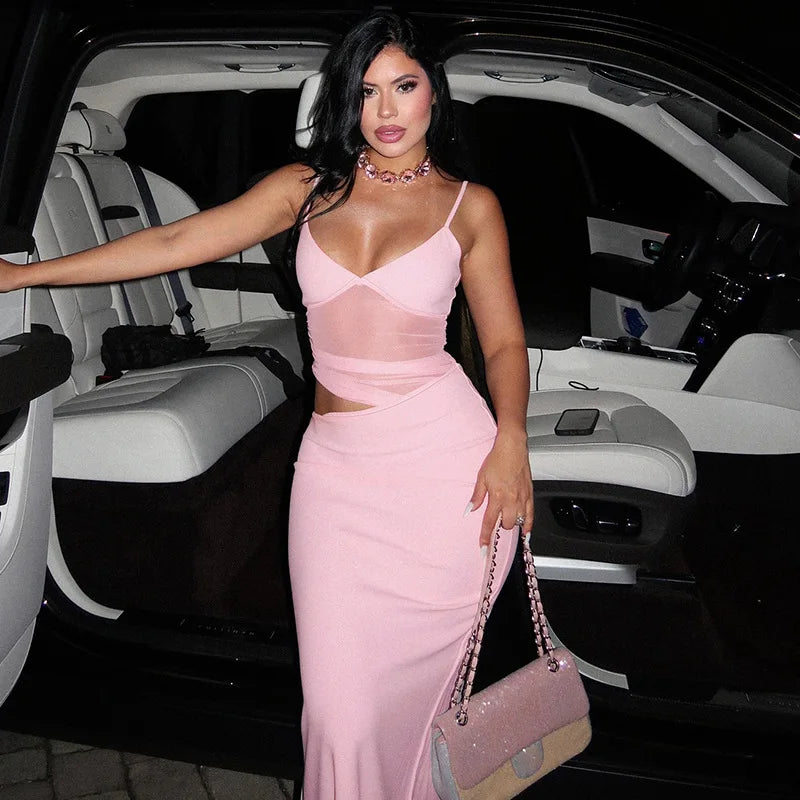 Mesh Thin Shoulder Strap Women's Plus Size Dress Sexy High Street Low Collar Patch Long Robe Women's Party Vest pink