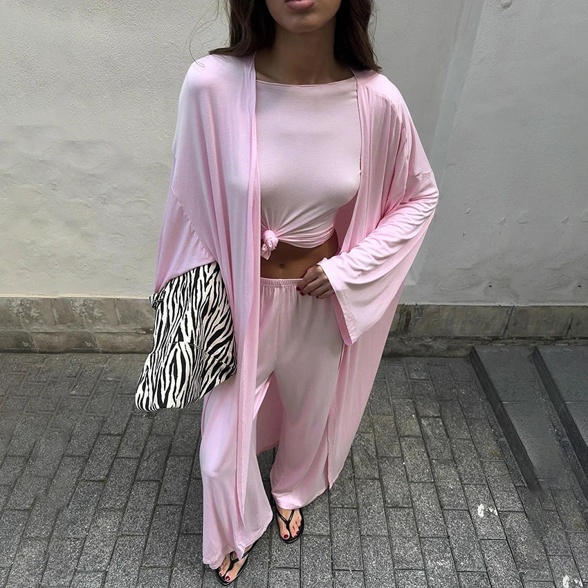 Hiloc Elegant Knit 3 Piece Sets Summer Casual Loose Sleepwear Street Chic Elastic Waist Pants Fashion Long Sleeve Shirts 2025 Pink