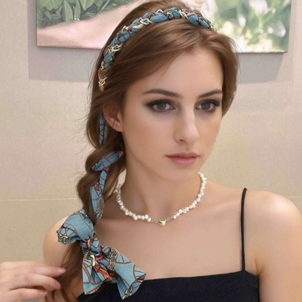 Retro Silk Scarf Headband Floral Print Pearl Braided Hairband Adjustable Bow Non Slip Ribbon Hairband for Women Girls Kid