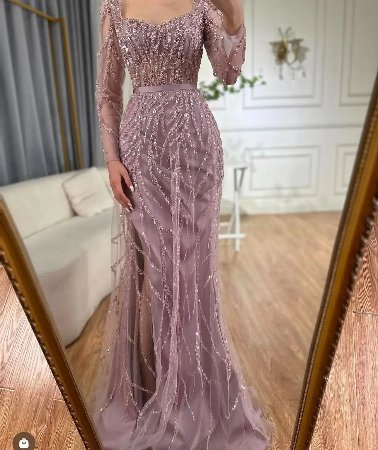 Glamorous Evening Dress Formal Occasion Dress Square Neck Long Sleeves Shining Applicants Sequins Prom Gowns Vestido De Noite Badiee Stylez