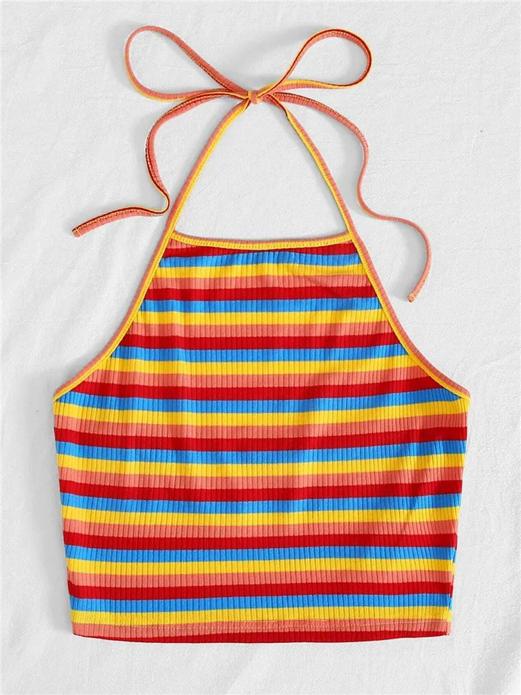 Rainbow Rib-knit Striped Halter Top Women Summer Y2K Clothes Sexy Korean Fashion Backless Sleeveless Crop Top Streetwear 2023