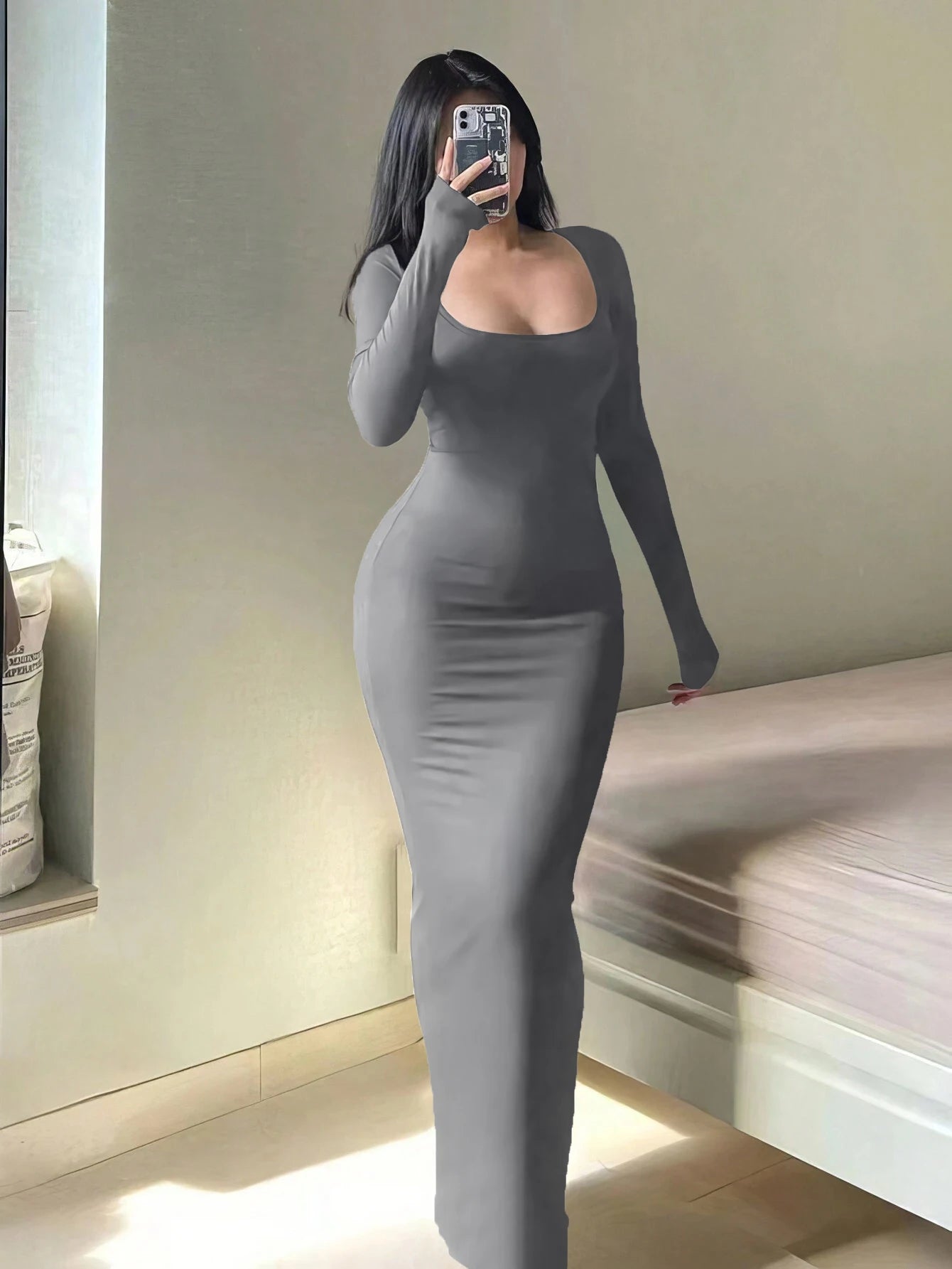 Women's Solid Long Sleeve Bodycon Dress, Chic Basic Minimalist Causual Fashion Scoop Neck Long Dress, Womenswear GRAY