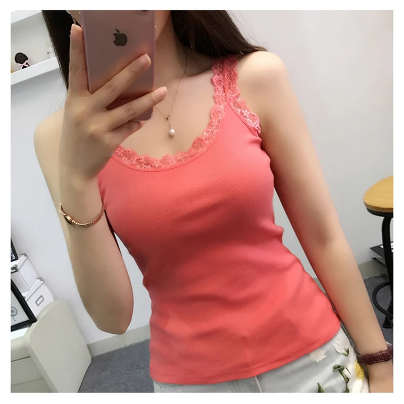 Black Tops Summer Sleeveless Women Tank Top With Lace Top Red Inside Wear Lace Camisoles Loose Underwear Womens Clothing Vest watermelon red One Size