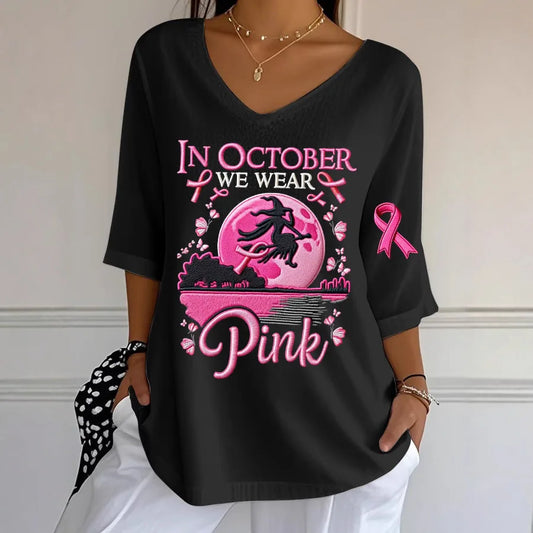 Women's Halloween Graphic Print T-Shirt Pink Ribbon Witch Halloween Costume T-Shirt Gifts Women Fashion Gothic Aesthetic Clothes