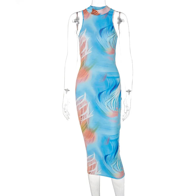 Hugcitar Tie Dye O Neck Sleeveless Backless Sexy Bodycon Slit Midi Dress 2023 Summer Women Fashion Clothes Y2K Streetwear Party