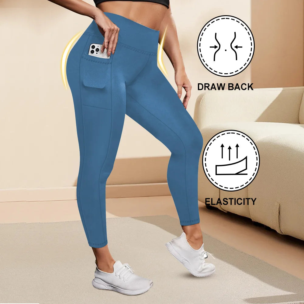 Women's High-Waisted Yoga Pants Plus Size Butt-Lifting Workout Leggings with Pockets Elastic Activewear for Gym & Running blue
