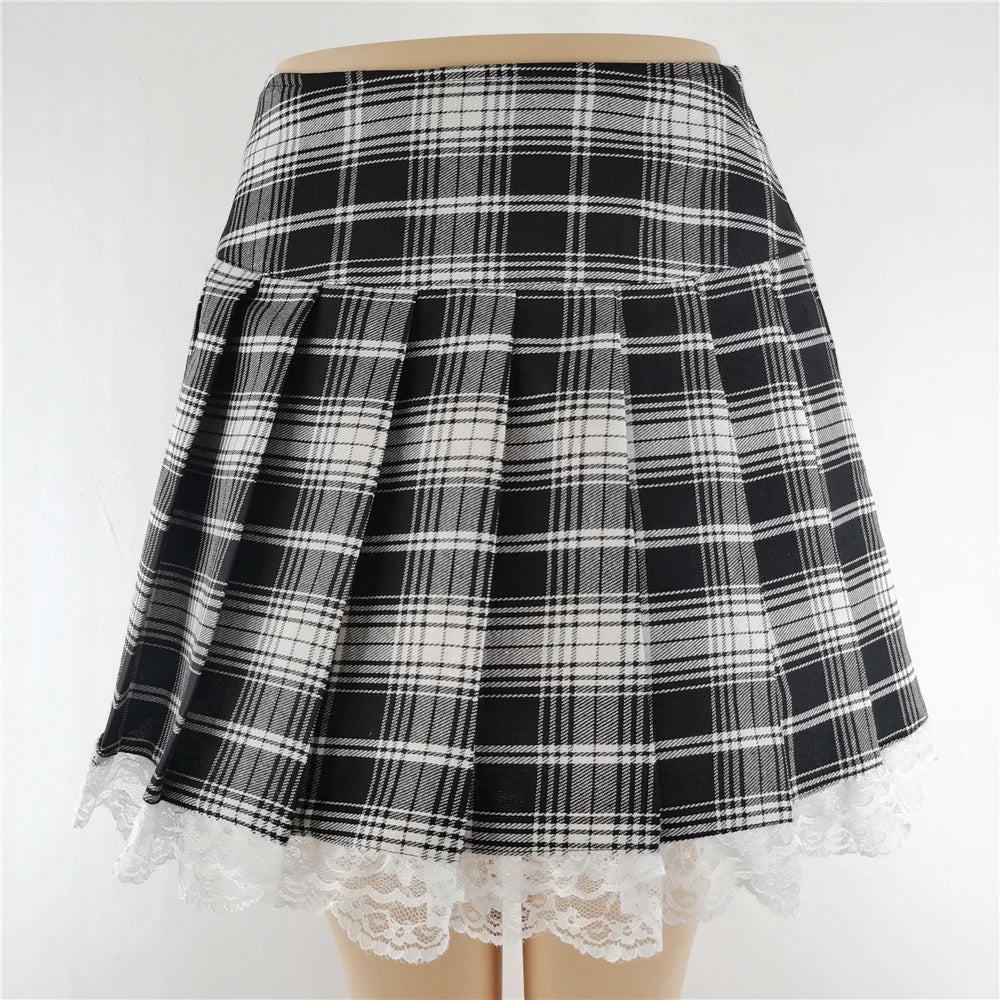 New Contrast Lace Plaid Pleated Skirt Vintage Sexy Skater Clothes Harajuku Gothic Punk England Style Y2k Skirt 9541HS