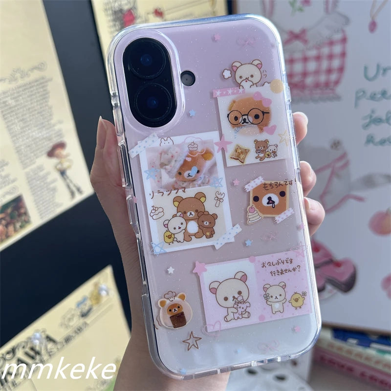 Lovely Rilakkuma Family Portrait Cartoon Pink Phone Case For iPhone 16 15 14 13 12 11 Pro Max PLUS Y2K Kawaii Shockproof Cover Badiee Stylez