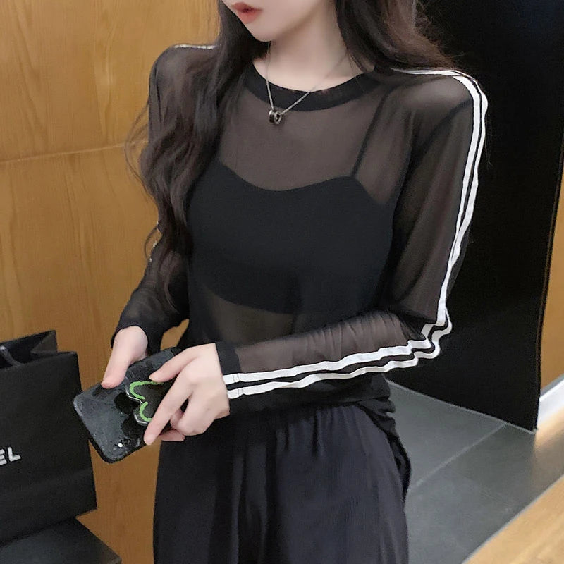 Y2K Sheer Sun-Proof Shirts Women Striped Long Sleeve T Shirts Streetwear See Through Mesh Blouses Korean Sun Protection Tops New
