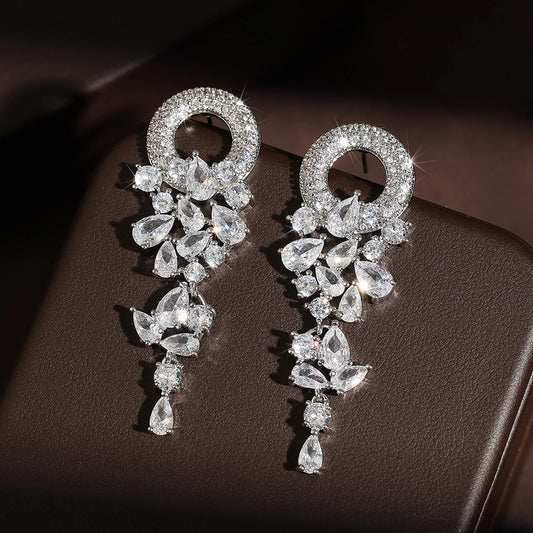 ZAKOL Vintage Sparkling Zircon Flower Dangle Earrings for Women Luxury Crystal CZ Bridal Long Earring Engagement Jewelry Gift