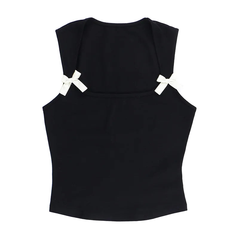 Y2K Women'S Bow Tie-Up Tank Tops Wide Shoulder Straps Bandage Camisole Sexy Low Cut Crop Tops Female Vest Tops