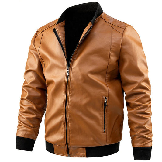 Men's Casual Leather Jacket Jacket Fashion Solid Color Collar Zipper Pocket Biker Clothing Bomber Motorcycle PU Jacket