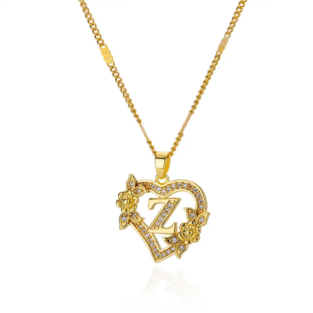 Zircon Flower Heart Initials Necklaces For Women Stainless Steel Heart Lover Gold Color Letter Chain Collar Necklace Jewelry Z CHINA