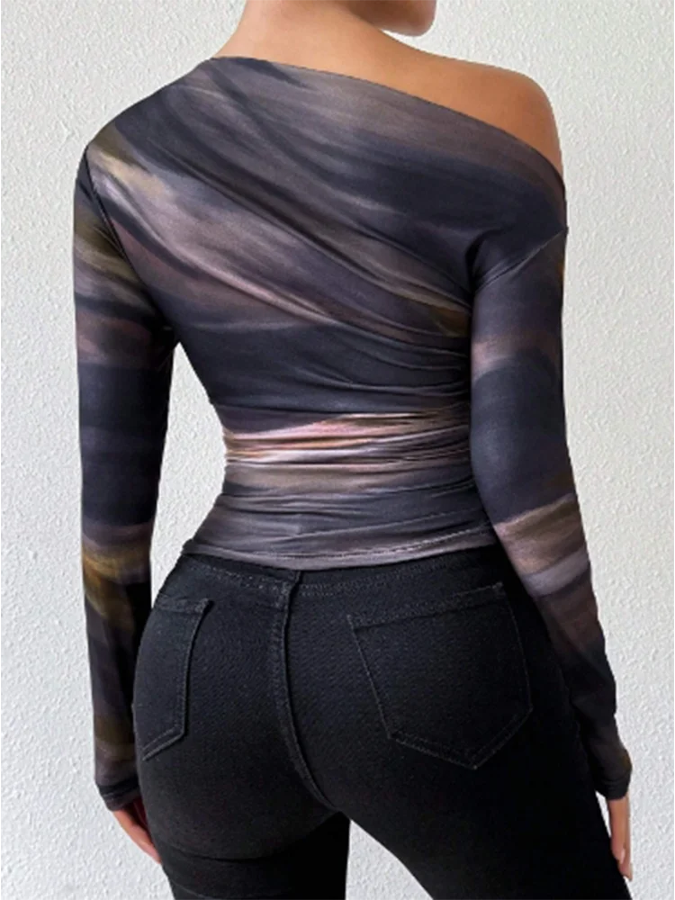 Y2K Slim Fit Long Sleeved Diagonal Collar Printed T-shirt Women's Fashionable Street Sexy Versatile Autumn Top