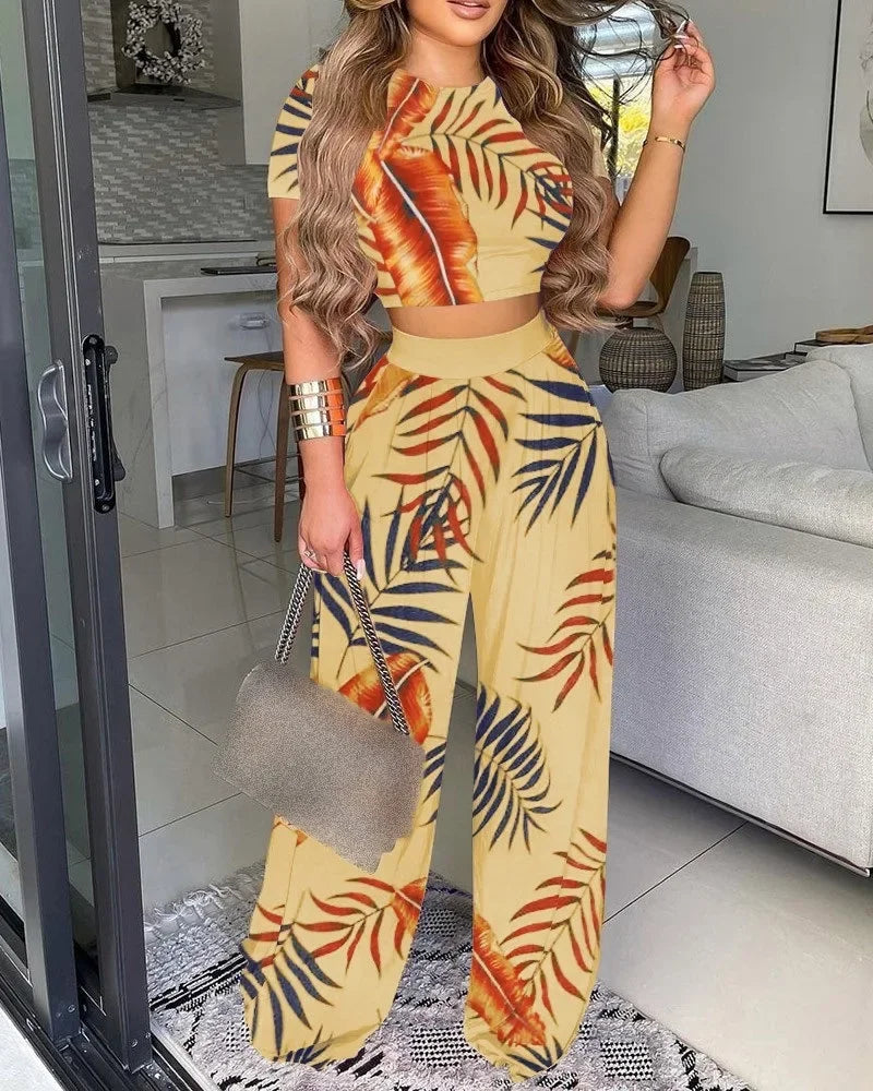 Women Print Pant Sets Two Piece Suit Round Neck Short Sleeve Tops Vests Wide Leg Trousers High Waist Pant Matching Sets Summer khaki 1