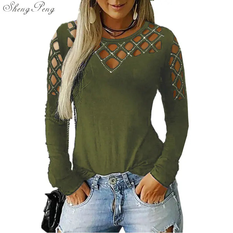 Fashion Hollow Bling Blouse Casual Sexy Rhinestone Solid Top Female Women Tops Long Sleeve Shirt Blusa Pullover 5XL V1755 6