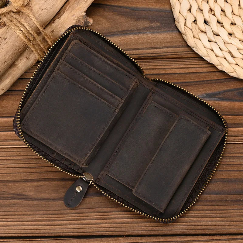 2023 New Short Wallet Men Women Vintage Fashion Card Holder Zipper Coin Purse Crazy Horse Leather Mens Slim Zipper Purse Wallet 1036 Dark Brown