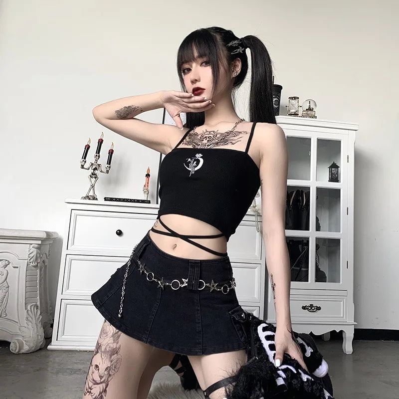 Gothic Women's Print Suspender Sleeveless Square Neck Slim Crop Top Sexy Halter Bottoming Shirt Girls Party Wear