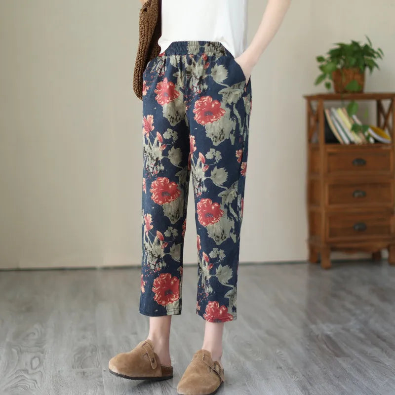 1pcs Spring Summer Women Cotton Comfort Breathable Pants Female Grid Flower Print Casual Loose Pant Lady Haren Straight Leg Pant Flower