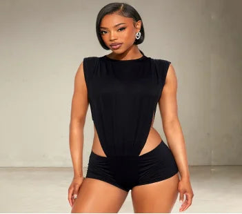 European and American women's solid color sexy round neck sleeveless side hollow onesie top tight shorts street Harajuku suit 1