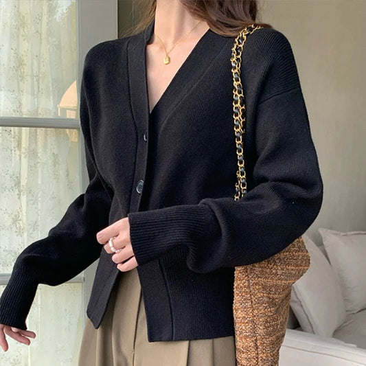 AOSSVIAO Knitted Casual Cardigan 2025 Autumn Winter Elegance Solid Color V-neck Sweater Unique and Niche Slim Fit Tops Badiee Stylez