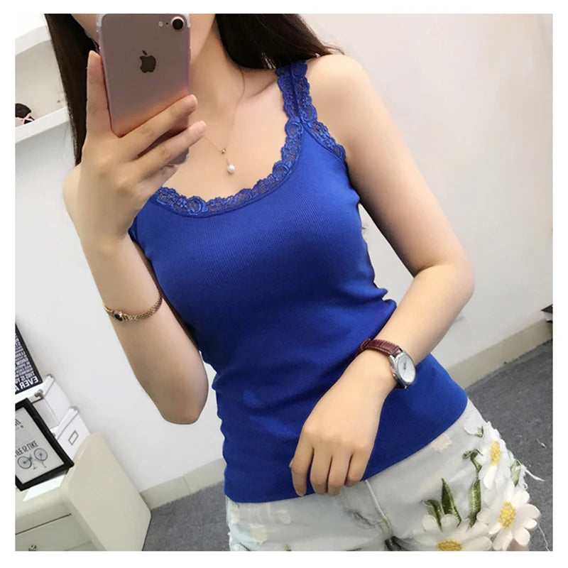 Black Tops Summer Sleeveless Women Tank Top With Lace Top Red Inside Wear Lace Camisoles Loose Underwear Womens Clothing Vest royal blue One Size