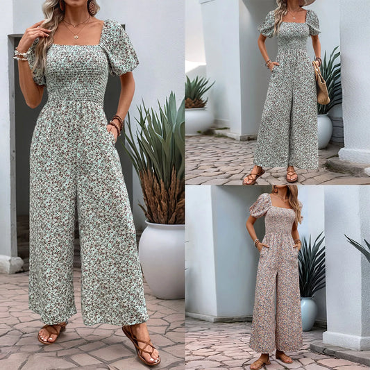 Bohemian Vacation Holiday Jumpsuit Women Pleated Wide Leg Rompers Chiffon Print Ethnic Playsuit Summer Casual Jumpsuits Badiee Stylez