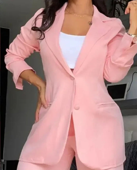 Two Piece Set Women Outfit Autumn Fashion Collar Long Sleeve Blazer Coat & Elegant Pocket Design Work Pants Set
