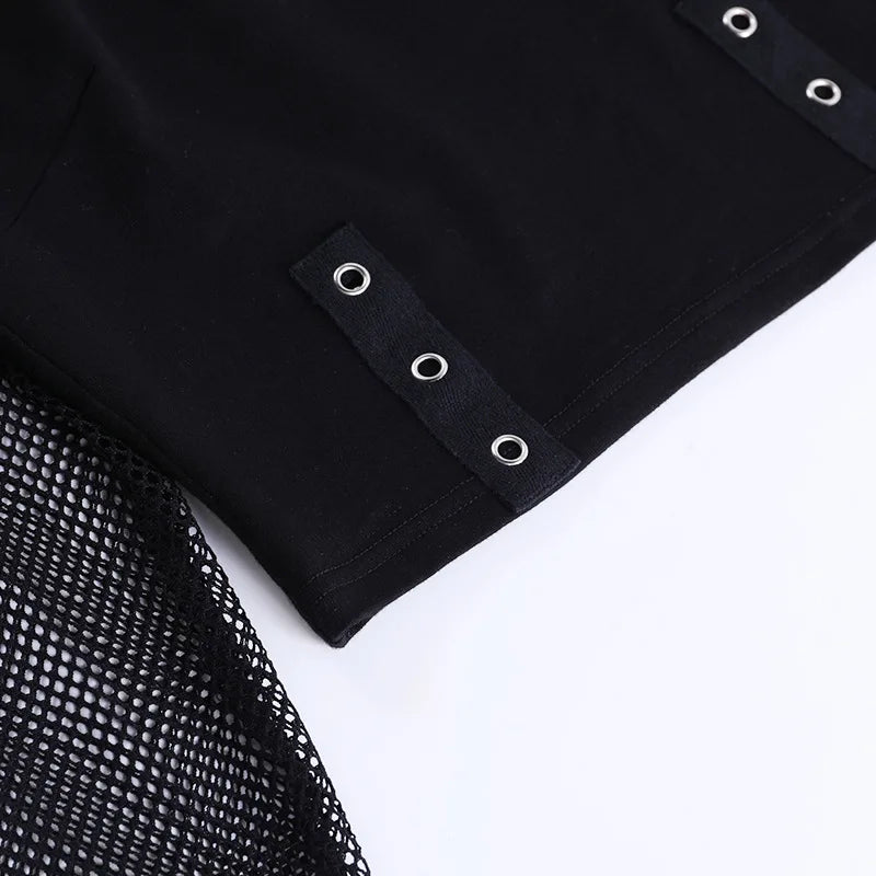 Goth Dark Mall Gothic Fishnet Patchwork T-shirts Grunge Punk Hollow Out Buckle Crop Tops Techwear Fashion Female Alt Streetwear