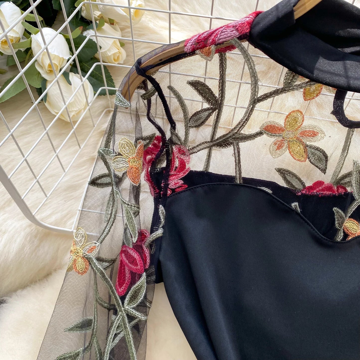 SINGREINY Vintage Embroidery Gauze Sexy Bodysuits Stand Collar Long Sleeve Playsuits Fashion Spliced Women Open crotch Rompers