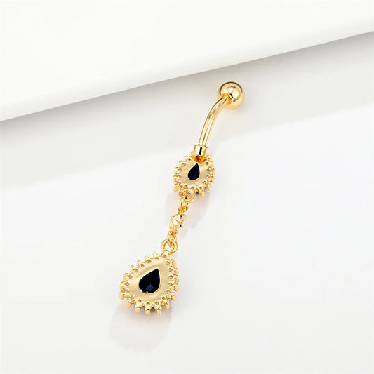 Luxury Blue Zircon Water Drop Belly Button Ring for Women Crystal Dangle Navel Piercing 14G Surgical Steel Barbell Body Jewelry