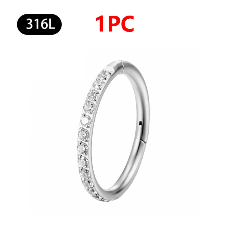 1/10Pc Stainless Steel Nose Ring CZ 16G Hinged Septum Clicker Segment Ear Tragus Cartilage Daith Lip Nose Body Piercing Jewelry 1Pc Silver Zircon