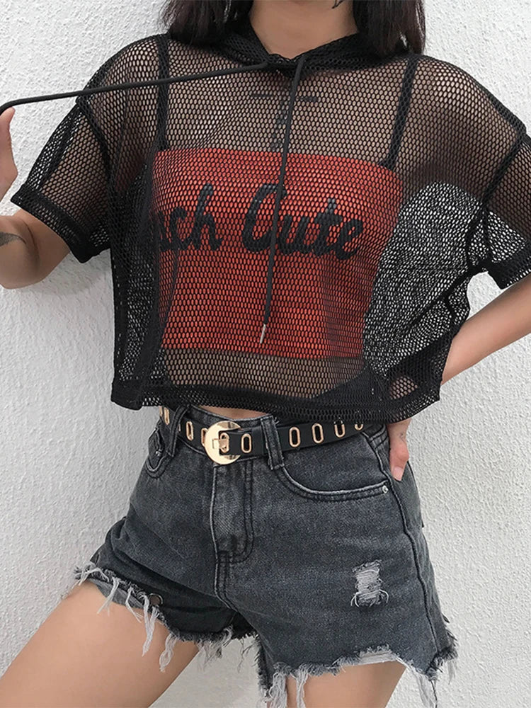 Womens Hollow Mesh Net Hooded T-Shirt Short Sleeve Tee Tops Transparent Black Swxy Clubwear Party black