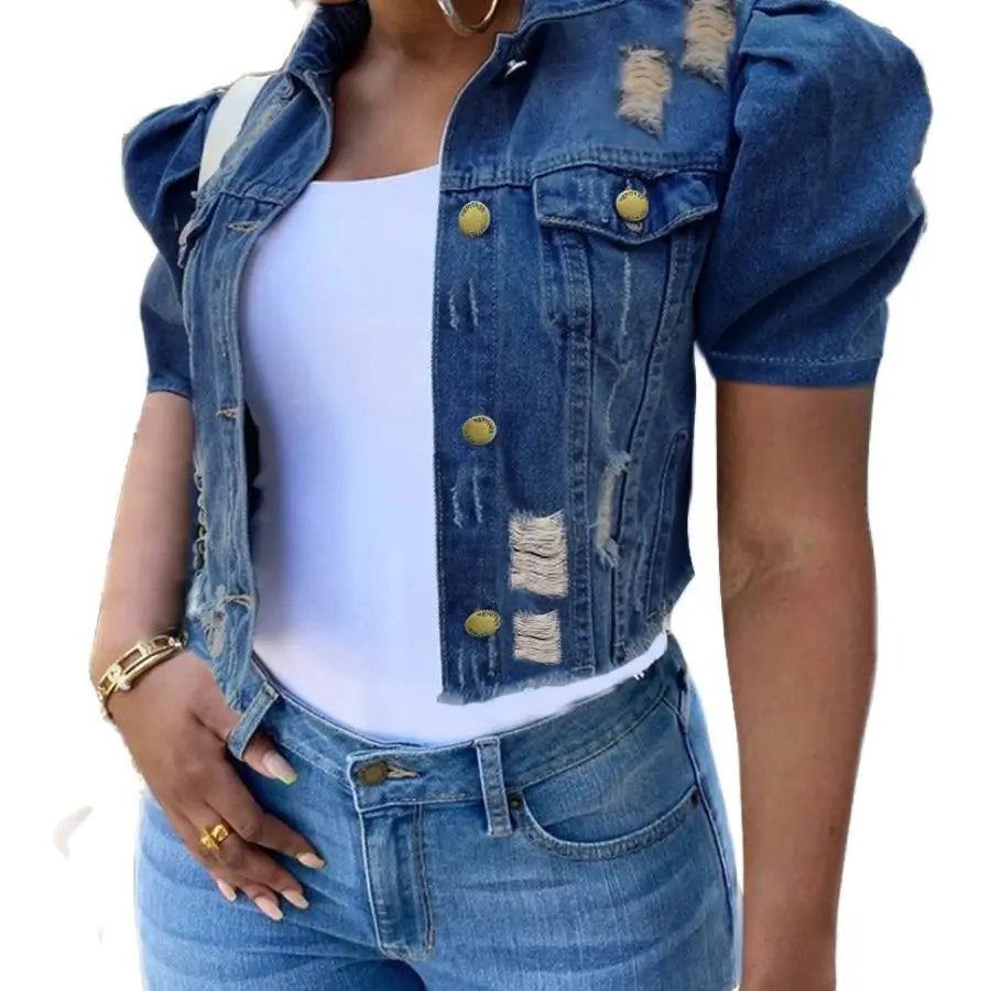LW Spring Summer Plus Size Puff Sleeve Ripped Denim Jacket Street Plain Short Sleeve Button Turndown Collar Coat for Women