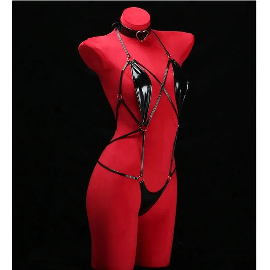 Anime Cosplay Girls Halter Leather Swimsuit Cross Straps Bandage Jumpsuit Bodysuit Lingerie Costumes Hollow Out Pajamas