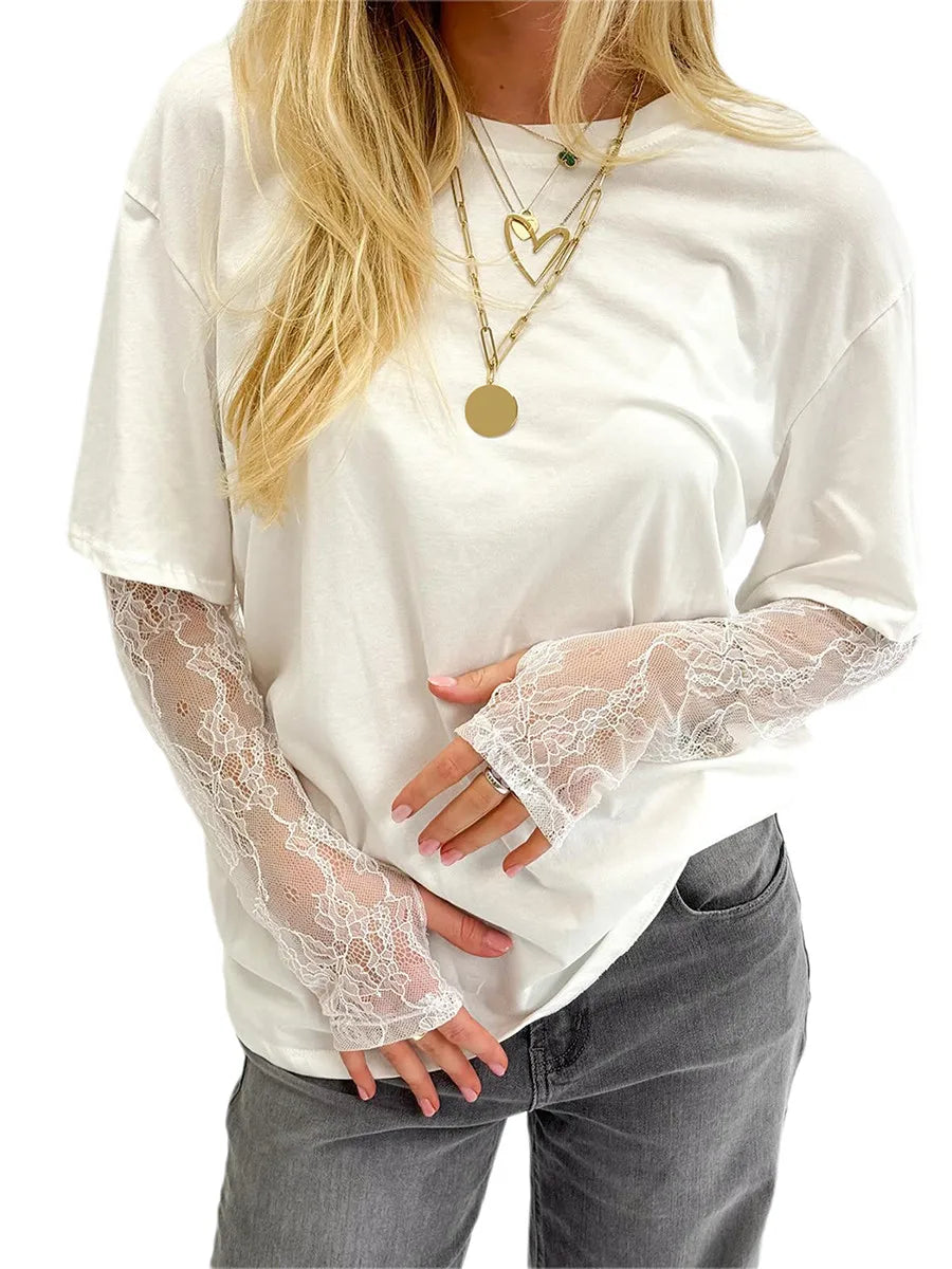 Women Round Neck T-Shirt Lace Long Sleeve Casual Shirts Spring Fall Loose Fit Tops Ladies Solid Color Tee for Streetwear Y2K 00s WHITE