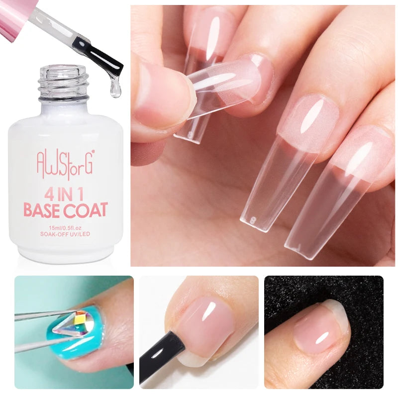 AWStorG15ml 2 IN 1 Crystal Top Coat Transparent Soak Off UV LED Nails Art Manicure Gel Nail Polish Varnishes Primer Function Gel 15ML4 in 1 base coat