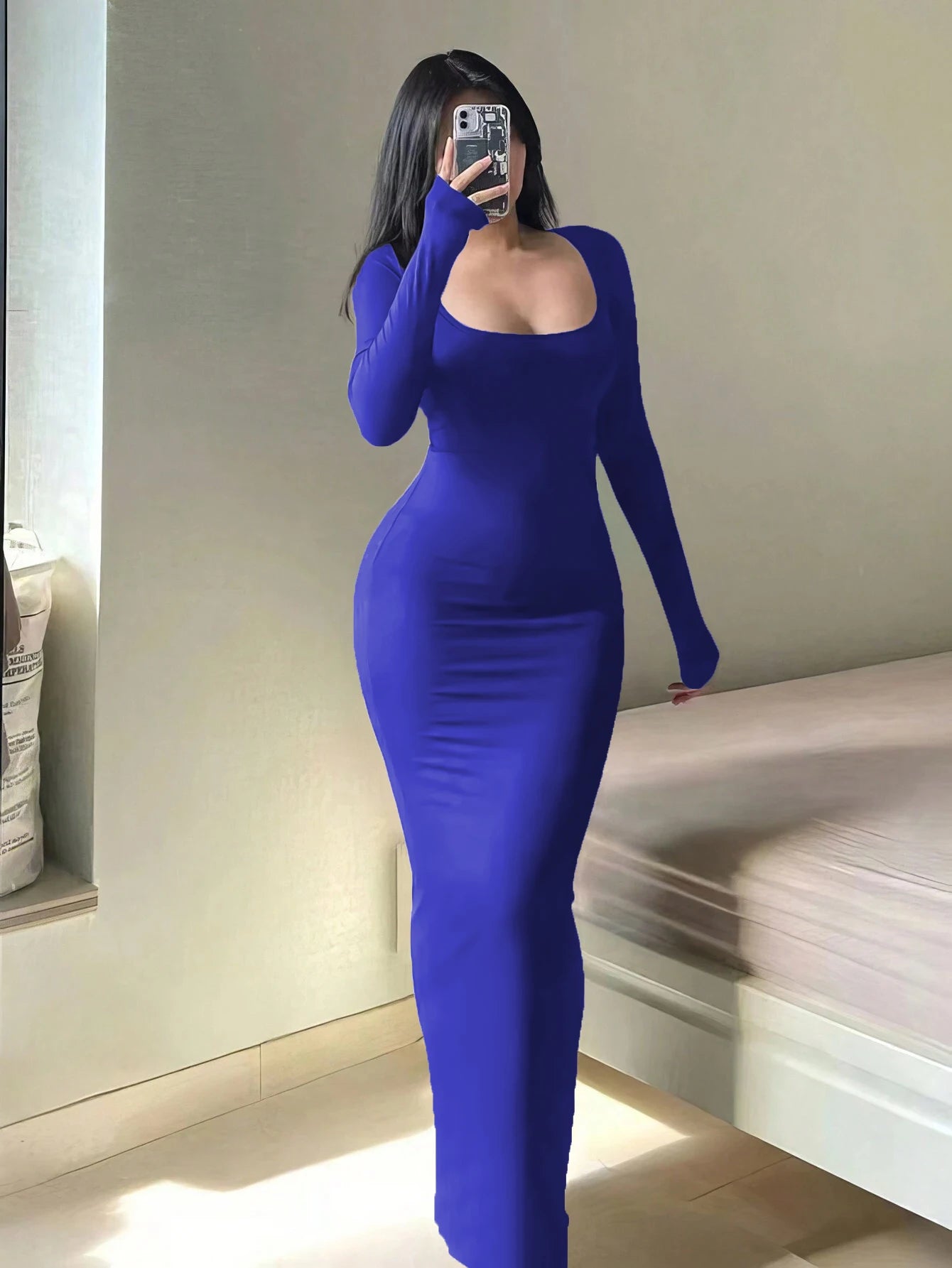 Women's Solid Long Sleeve Bodycon Dress, Chic Basic Minimalist Causual Fashion Scoop Neck Long Dress, Womenswear DEEP BLUE
