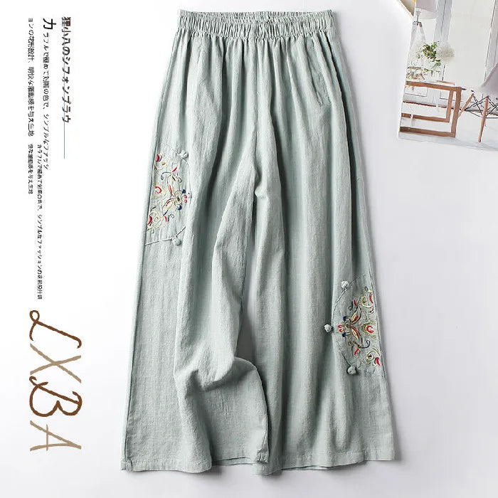 Summer Cotton Linen Cropped Pants Women Casual Thin Vintage Ethnic Bottom Embroidered Wide Leg Pants Woman Clothes Trousers pea green