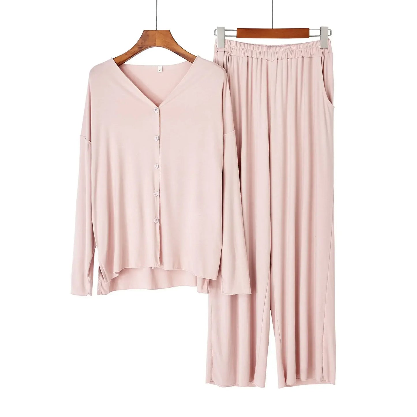 Japanese new style cotton pajamas suit ladies spring and autumn cardigan solid color long-sleeved trousers home service suit light pink One Size