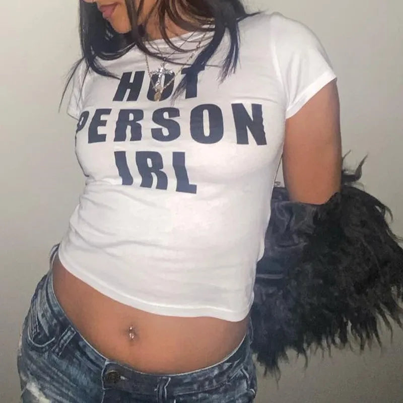 Y2k Streetwear Crop Tops Letter Print White Tees Short Sleeve Graphics T Shirt Womens 2025 Short Sleeve Aesthetic Clothing
