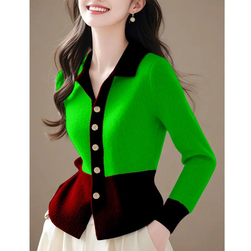 2024 Patchwork New Autumn Winter Polo Knitting Cardigan Sweater Coat Fashion All-match Long Sleeve Temperament Top Tee Women's green
