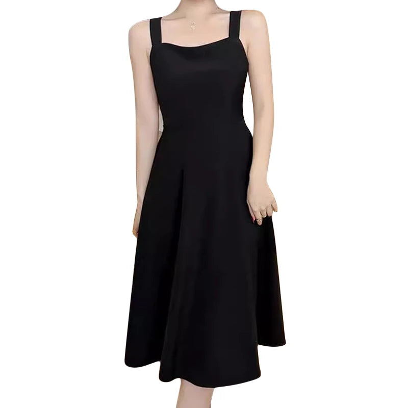 Elegant Black Midi Strapless Dress French Style Birthday Party Slimming Fit Pure Desire Design Polyester Fiber