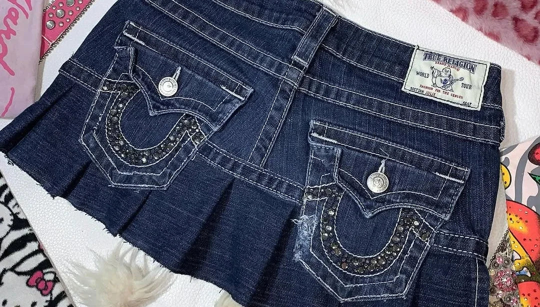 Streetwear Black Skirts Retro Goth Y2k Skirt Embroidered Pocket Patchwork with High Waist and Hip Bag Harajuku Denim Mini Skirt
