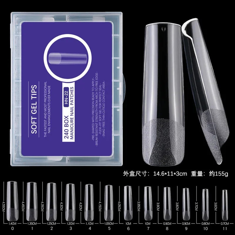 240PCs Extra Long XXL Size False Nail Tips Soft Gel Coffin Square Almond Fake Nail Tips Half Matte No Trace Traceless Nails XXL HN-22 1 Box
