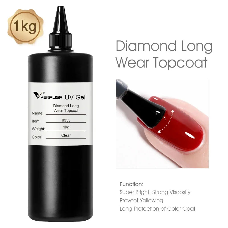 Venalisa Long Wear Tempered Top Coat Reinforce Gel Refill Package Soak Off UVLED Nail Gel Polish Big Volume 225g/30ml Base Gel LongWear top 1kg