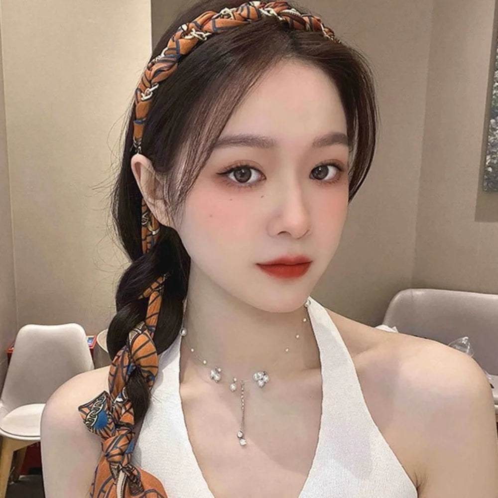 Retro Silk Scarf Headband Floral Print Pearl Braided Hairband Adjustable Bow Non Slip Ribbon Hairband for Women Girls Kid