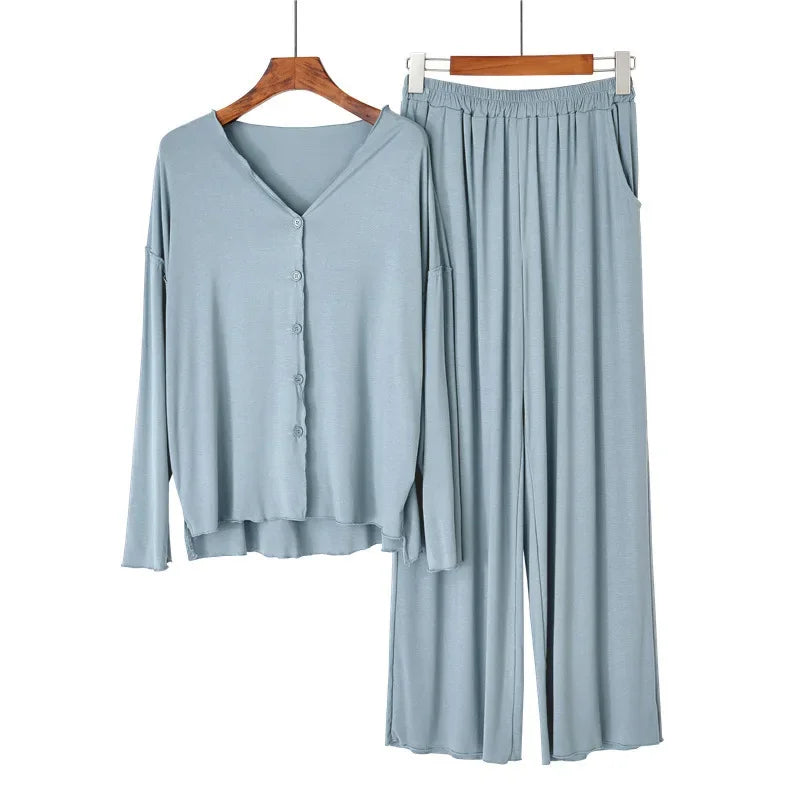Japanese new style cotton pajamas suit ladies spring and autumn cardigan solid color long-sleeved trousers home service suit Light blue One Size